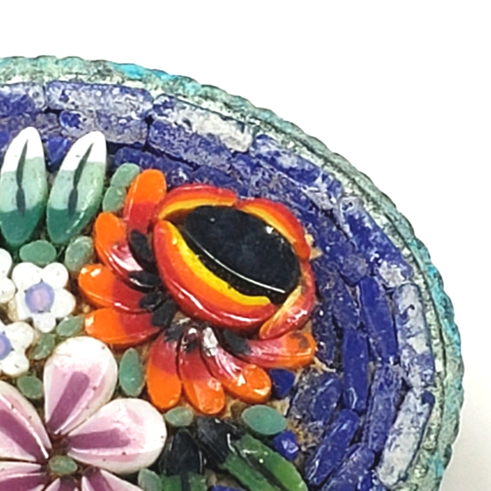 Vintage Micro Mosaic Raised Floral Oval Pin Brooch Purple Teal C Clamp - Picture 2 of 12